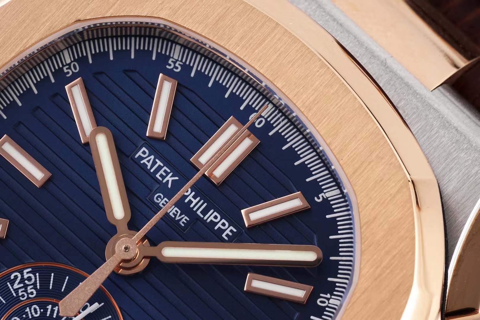 Nautilus Chronograph 5980/1AR in Steel and Rose Gold on Brown Leather Strap