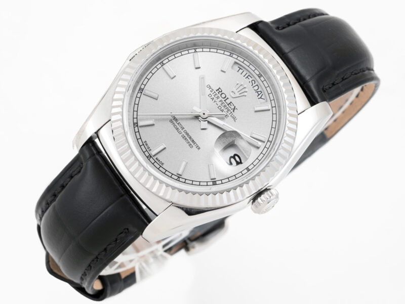 Day-Date 40 Silver Dial in White Gold on Leather Strap
